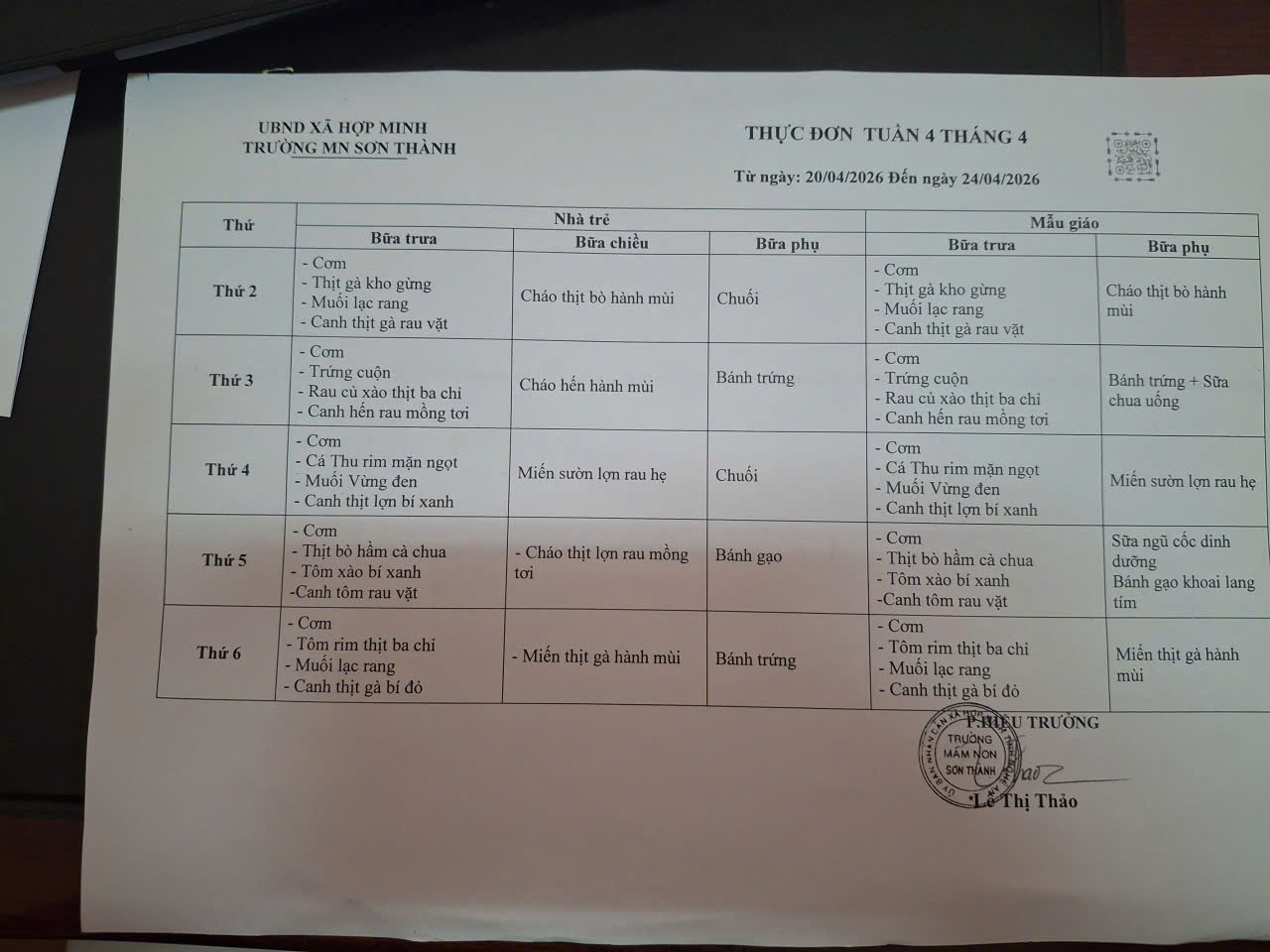 thực đơn tuần 4 tháng 4